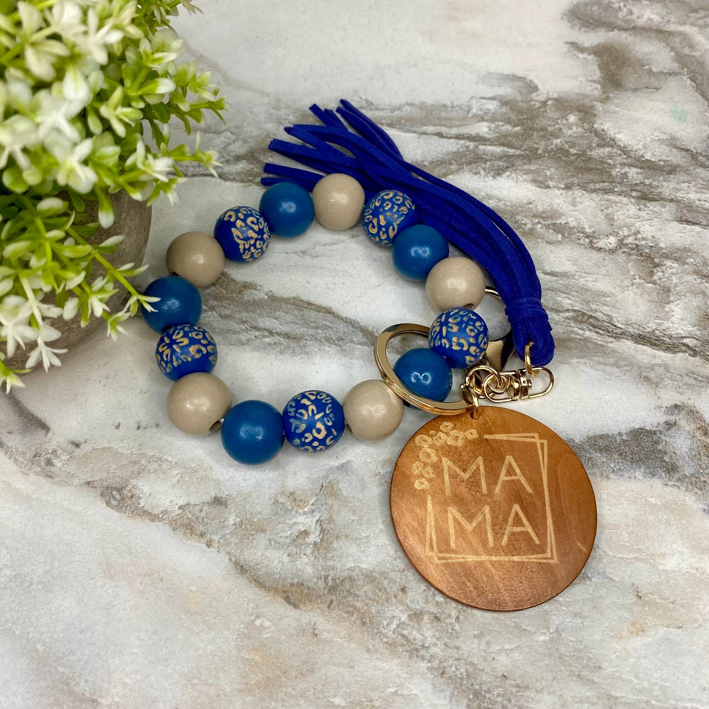 Wooden Bead Bracelet Keychain - Mama - Navy Blue