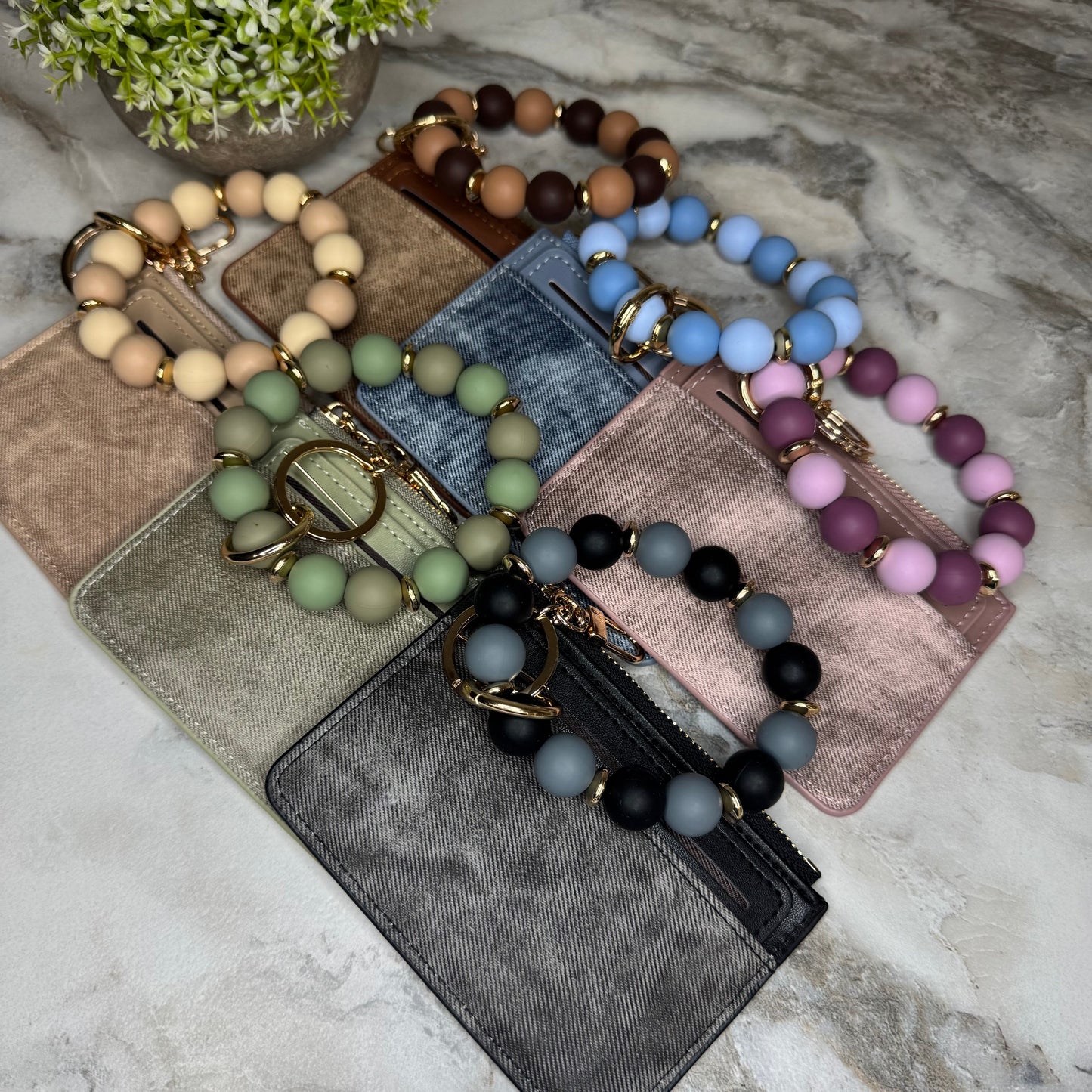 Denim Suede Bracelet Keychain & Card Holder Wallet