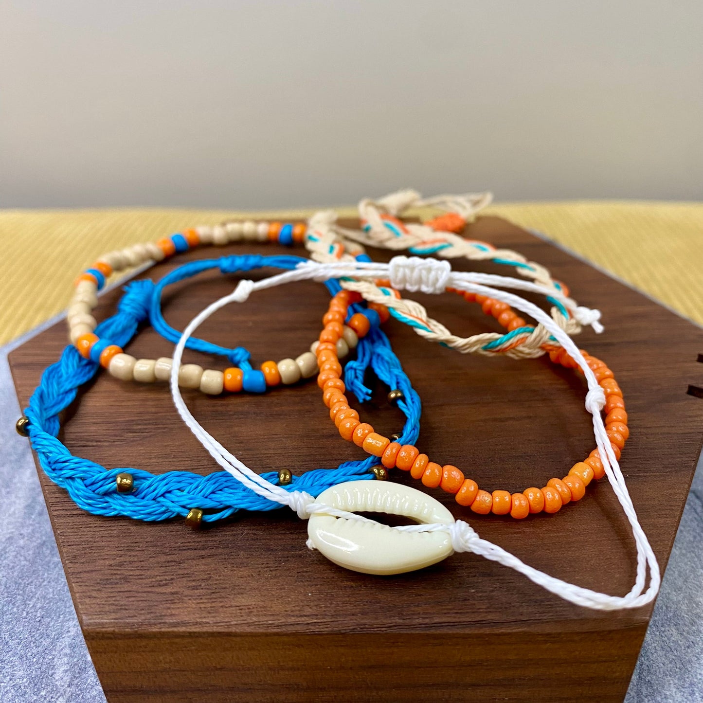 Bracelet Pack - Adjustable String & Bead Blue Orange White Shell