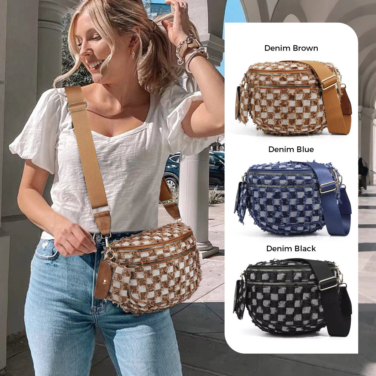 The Roni Nylon Crossbody - Checkered Denim - PREORDER