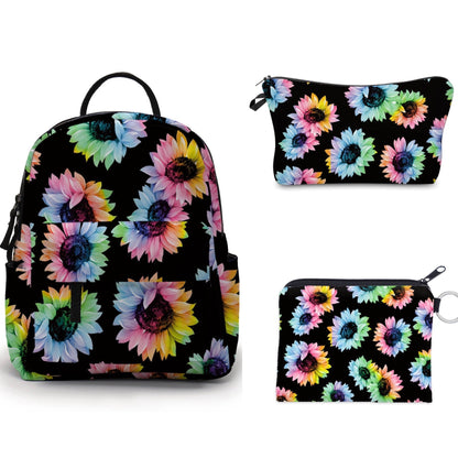 Mini Backpack, Pouch, & Mini Pouch Bundled Set - Rainbow Sunflower